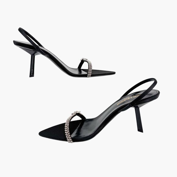 Saint Laurent Rendez Vous 75 Black Crystal Slingback Sandals Heels Size 37 US 7 - Picture 12 of 15